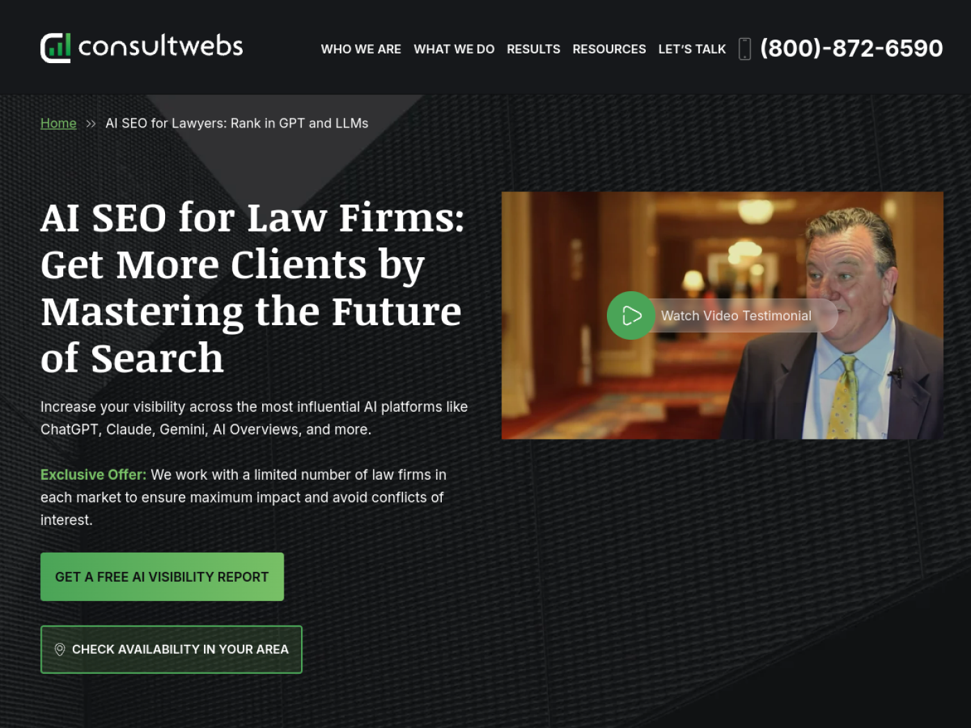 Consultwebs AI SEO page for law firms seeking ChatGPT mentions