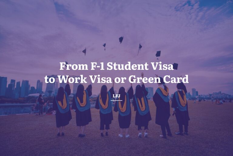 Graduates throwing caps in the air, with the title From F-1 Student Visa to Work Visa or Green Card