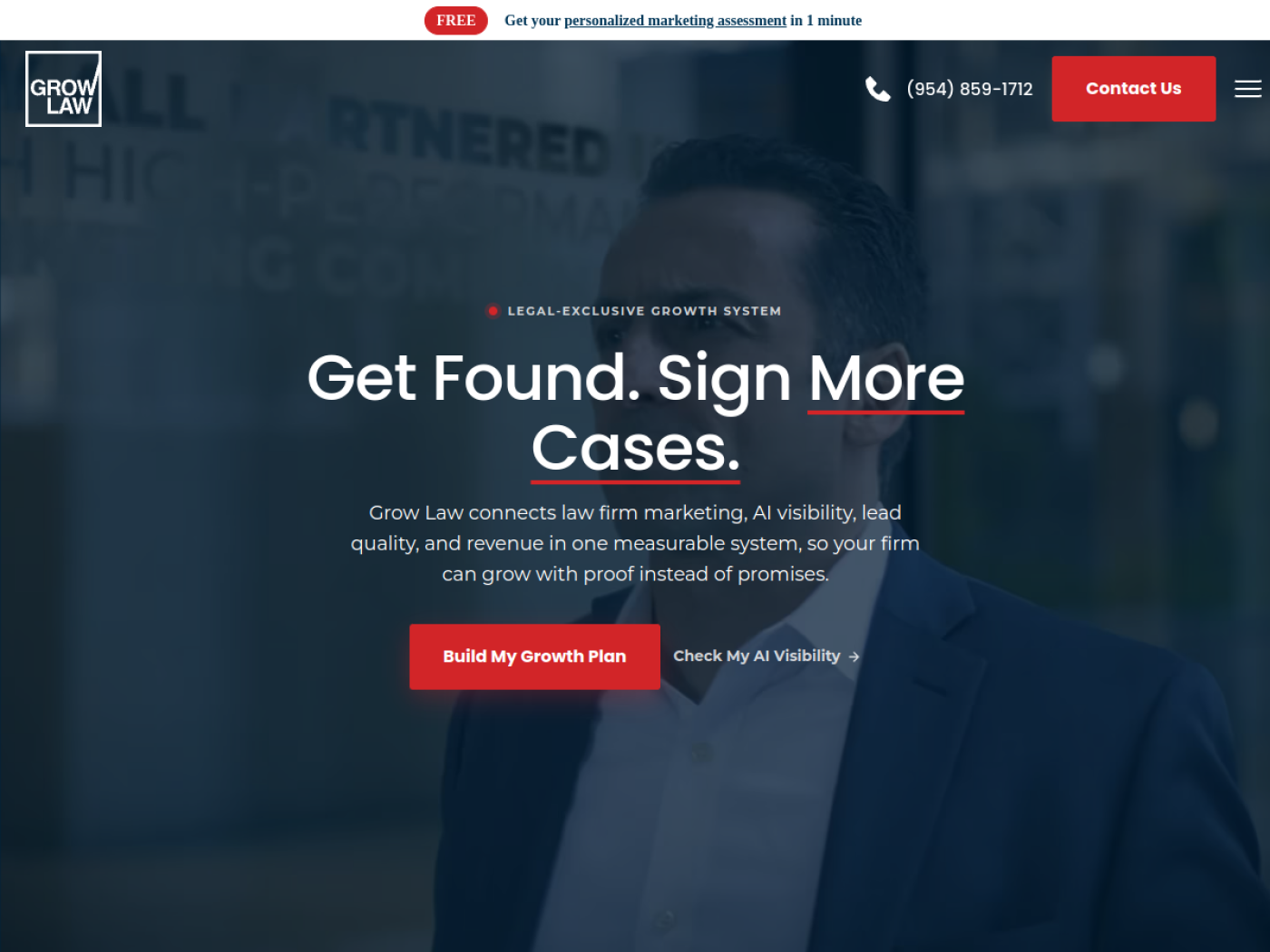 Grow Law homepage, legal marketing agency offering AI search optimization