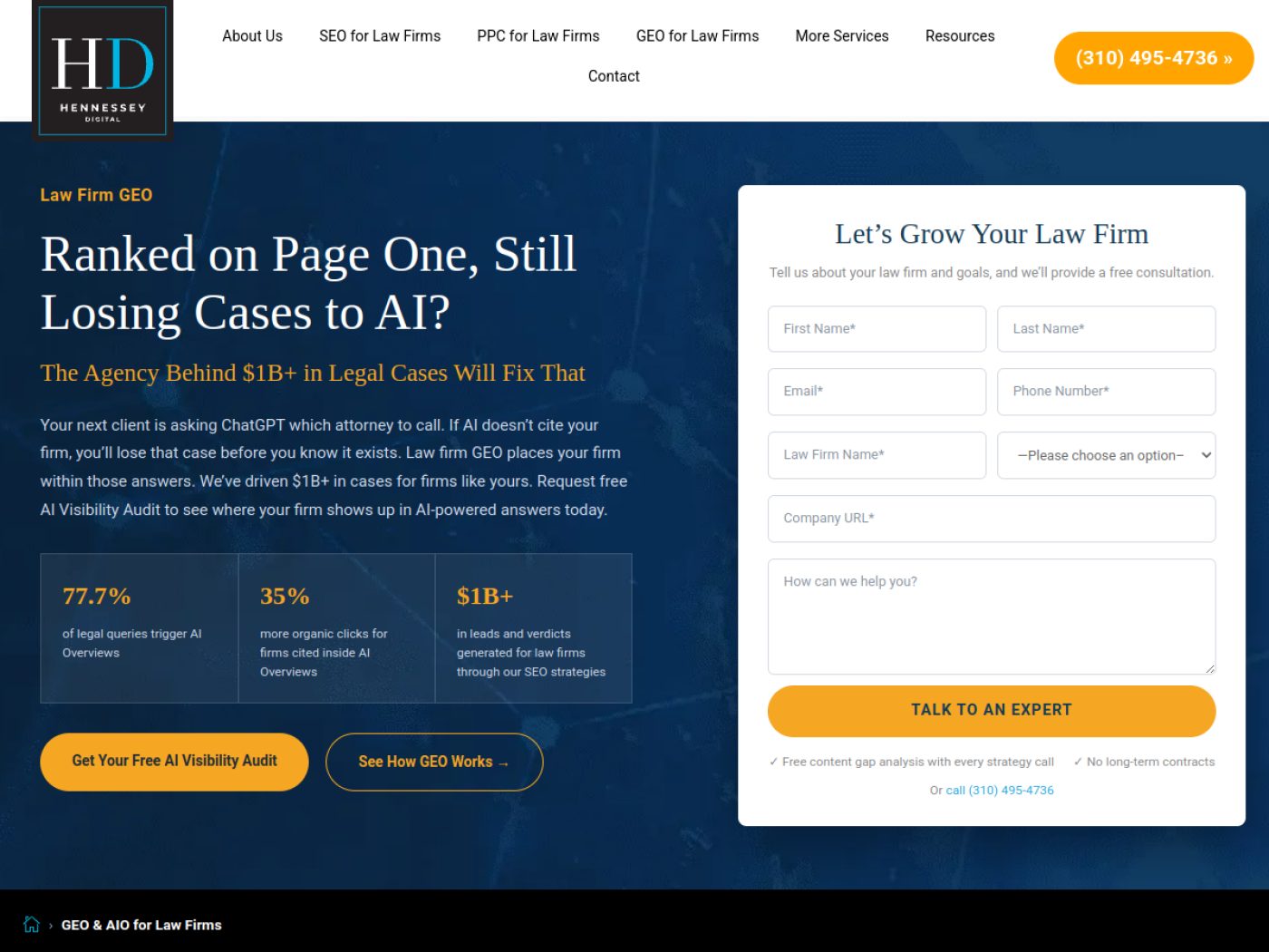 Hennessey Digital GEO and AIO for law firms page, AI search optimization