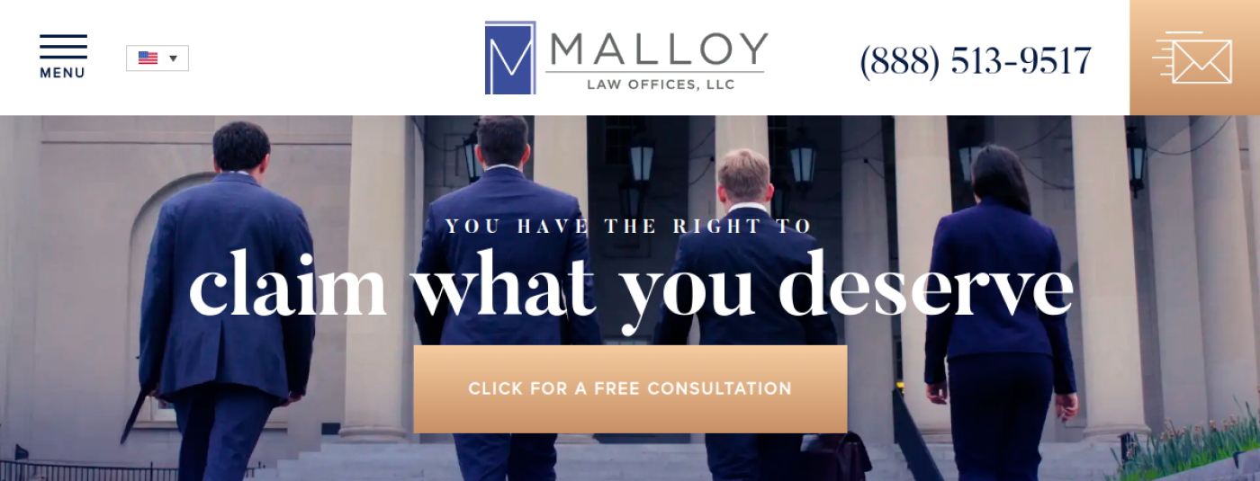 Malloy Law Offices website with free consultation banner