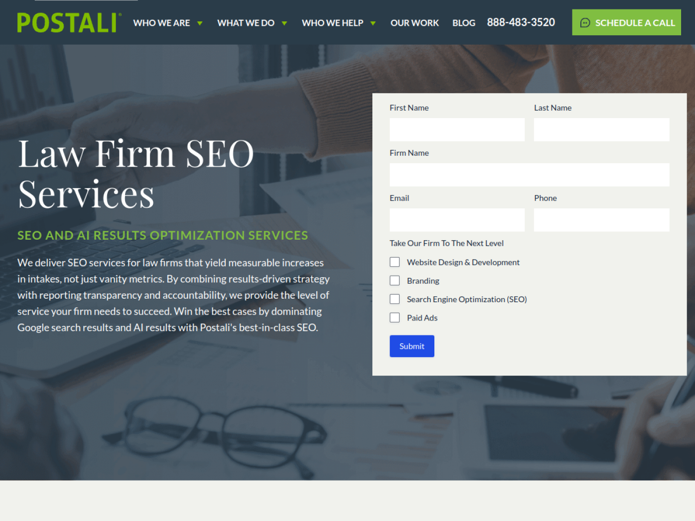 Postali SEO and AI Results Optimization page for law firms