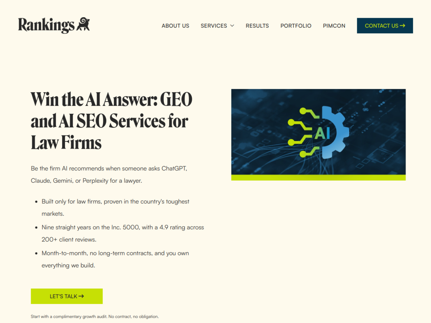Rankings.io AI SEO service page for law firms seeking ChatGPT mentions