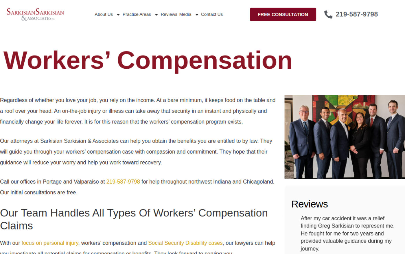 Sarkisian Sarkisian & Associates workers' compensation lawyers page, Indiana