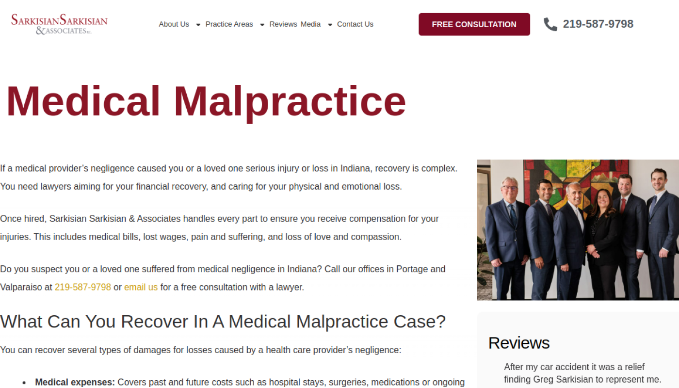 Sarkisian Sarkisian and Associates medical malpractice page, Northwest Indiana attorneys in Portage and Valparaiso