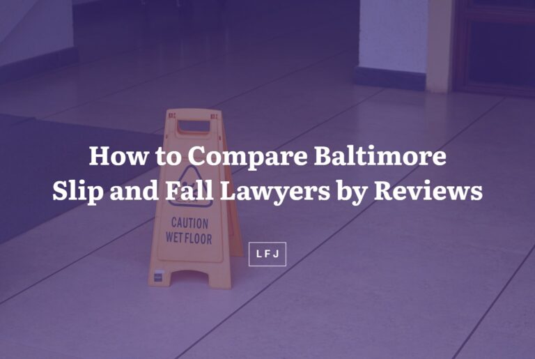 Wet floor caution sign on a tiled floor, featured image for comparing Baltimore slip and fall lawyers by client reviews