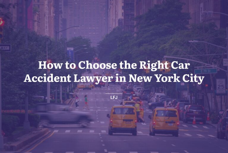 Yellow taxis on a Manhattan avenue under a violet overlay with the title How to Choose the Right Car Accident Lawyer in New York City